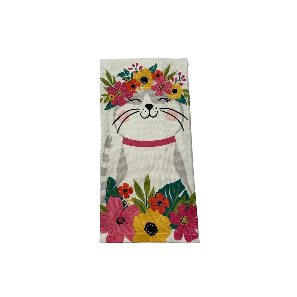 Ritz Cat Floral Crown Kitchen Towel 100% Cotton White Pink Yellow Flower Pet